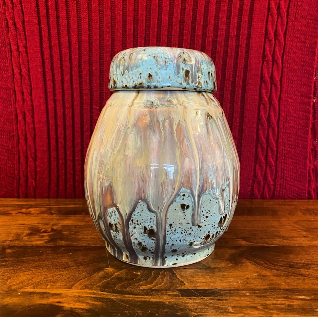 Shaw Hill Pottery lidded stoneware jar with blue speckled drip glaze — handmade