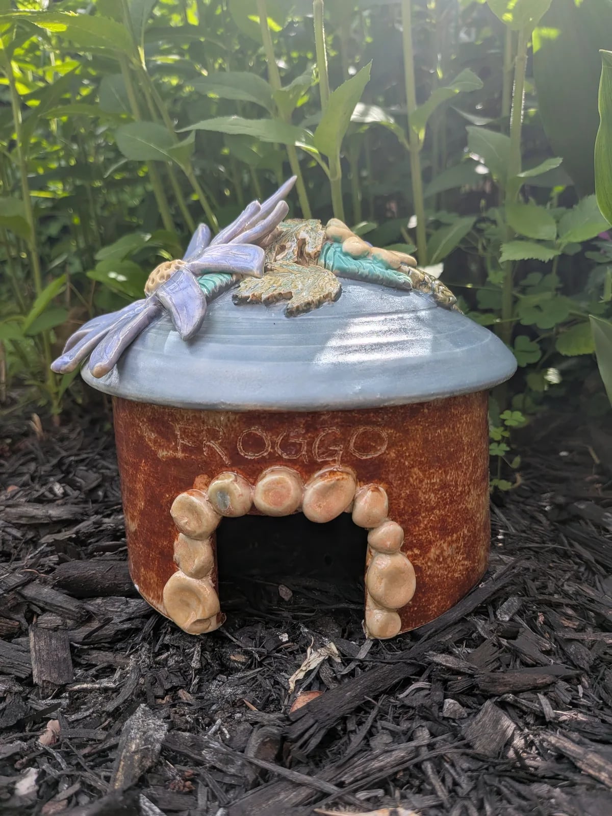 Hand made a d hand painted detailed frog house for your garden 